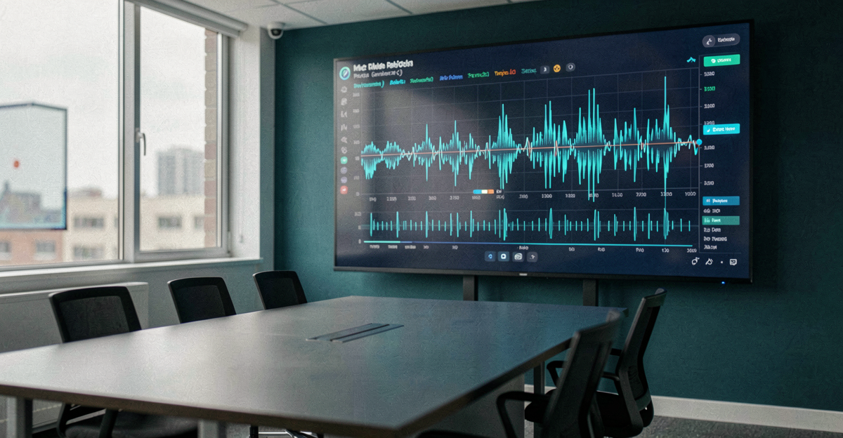 A modern workspace setup featuring a laptop displaying real-time meeting transcription software.